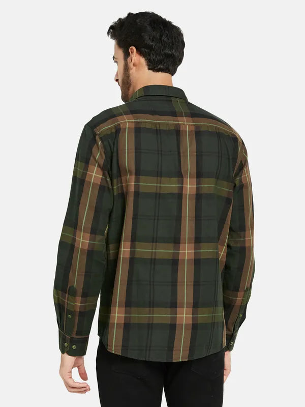 Mettle Men Olive Green Tartan Checks Opaque Checked Casual Shirt