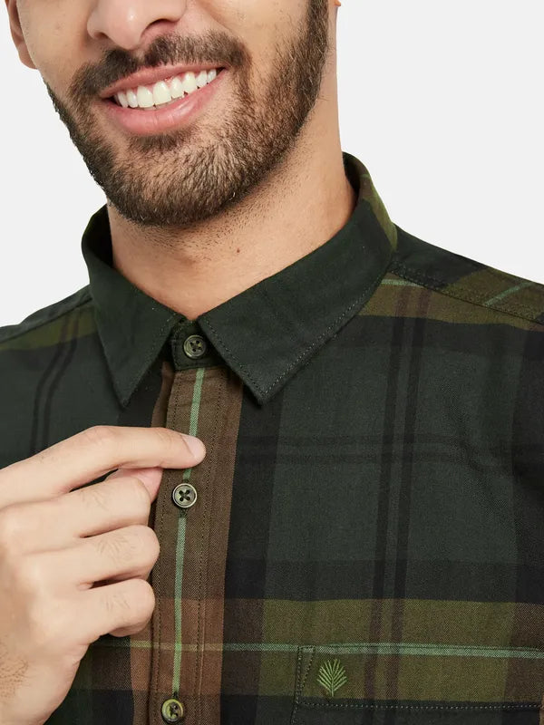 Mettle Men Olive Green Tartan Checks Opaque Checked Casual Shirt