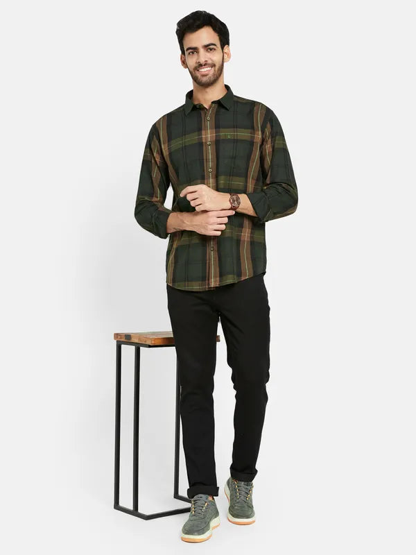 Mettle Men Olive Green Tartan Checks Opaque Checked Casual Shirt