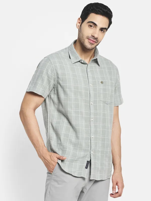 Men Olive Green Checked Casual Shirt