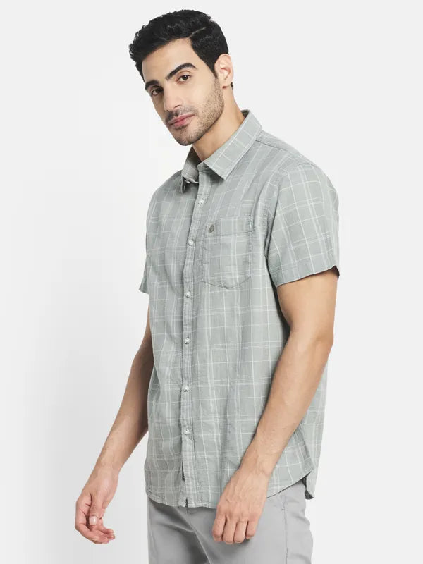 Men Olive Green Checked Casual Shirt