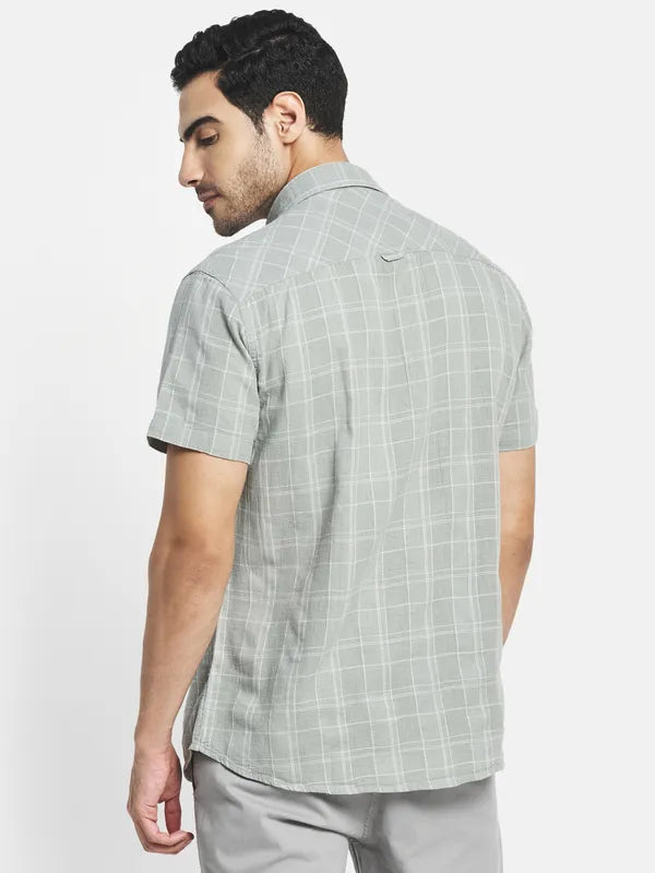 Men Olive Green Checked Casual Shirt