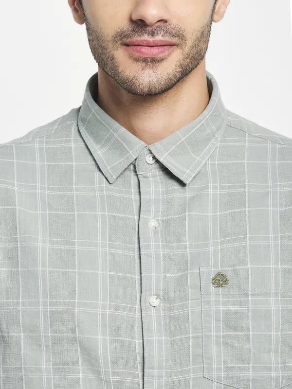 Men Olive Green Checked Casual Shirt