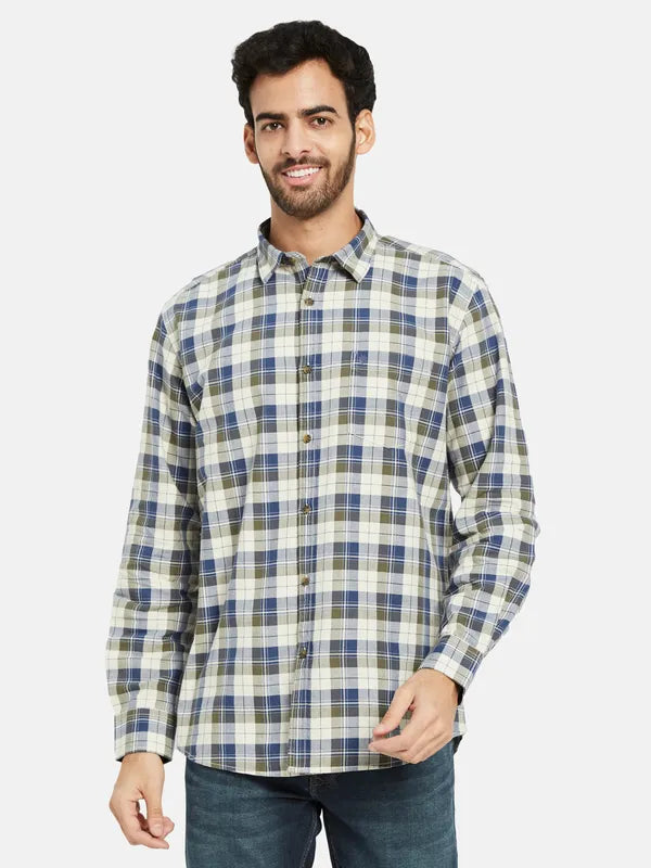 Mettle Men Olive Green Opaque Checked Casual Shirt