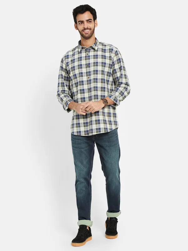 Mettle Men Olive Green Opaque Checked Casual Shirt