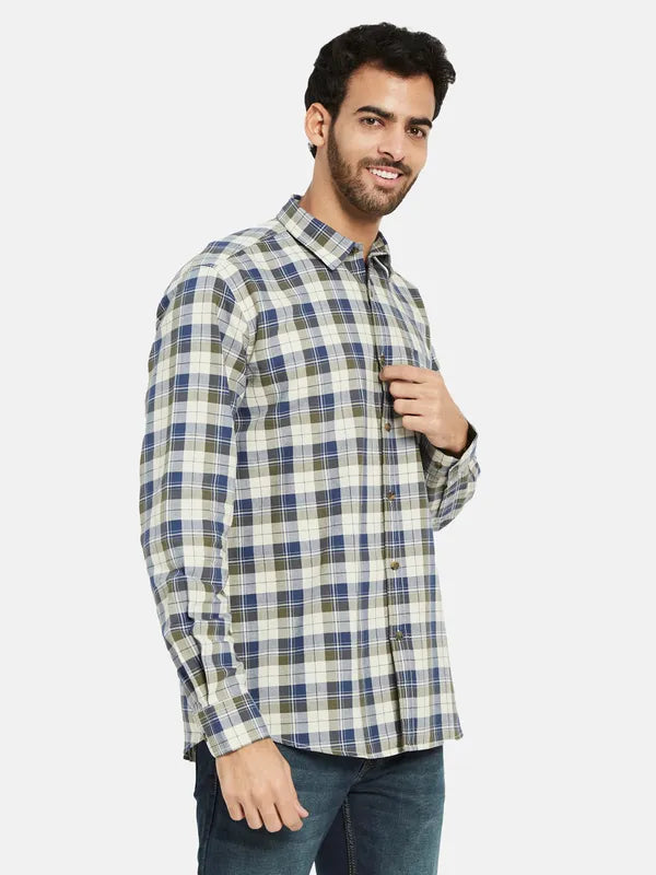 Mettle Men Olive Green Opaque Checked Casual Shirt