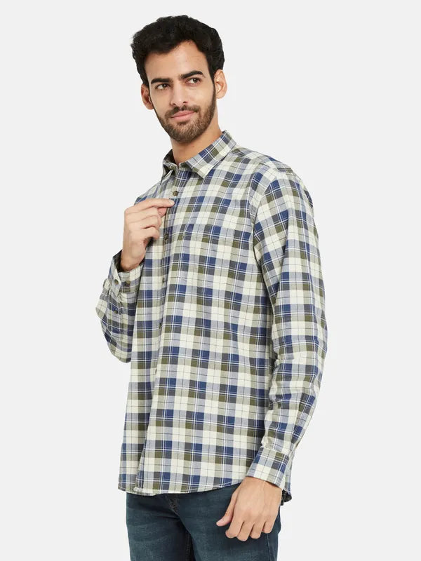 Mettle Men Olive Green Opaque Checked Casual Shirt