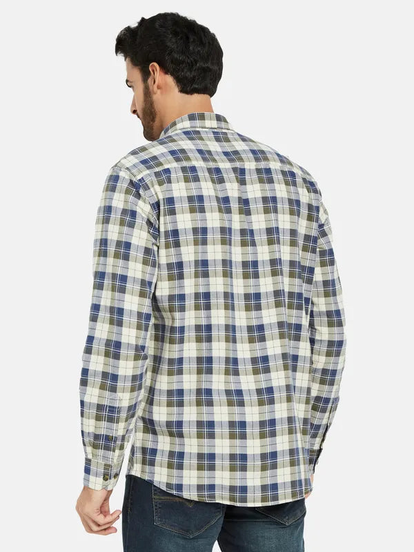 Mettle Men Olive Green Opaque Checked Casual Shirt