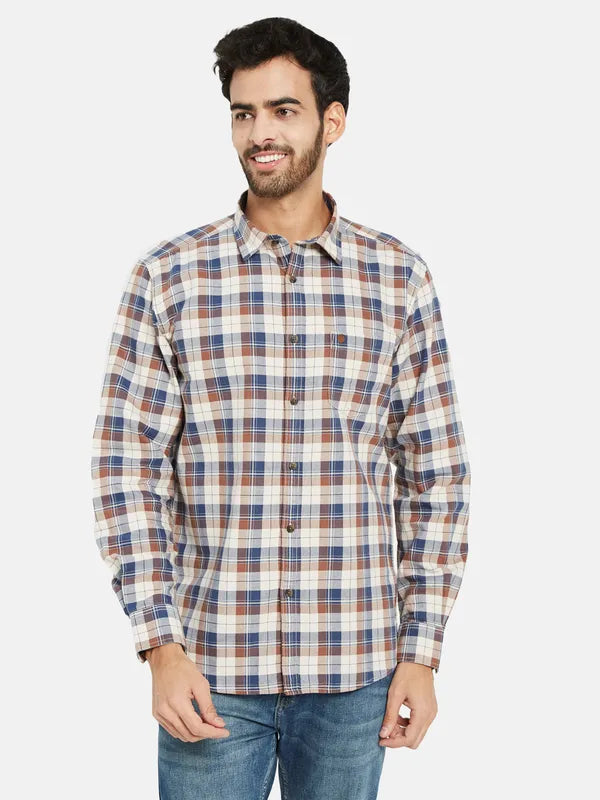 Mettle Men Brown Tartan Checks Opaque Checked Casual Shirt