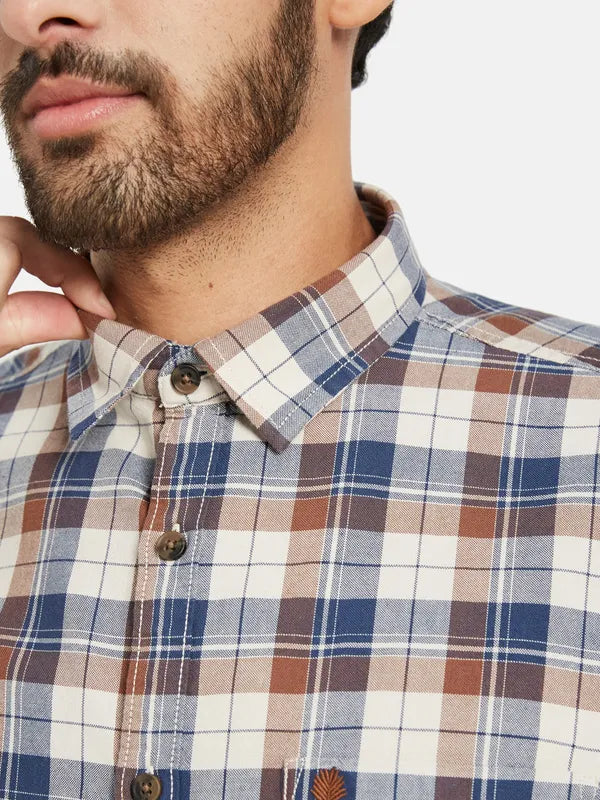 Mettle Men Brown Tartan Checks Opaque Checked Casual Shirt