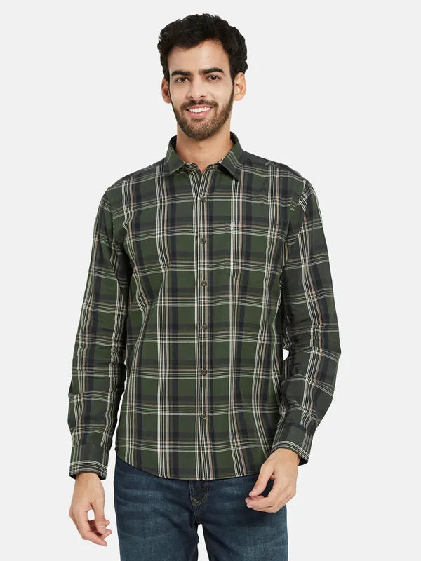 Mettle Men Olive Green Tartan Checks Opaque Checked Casual Shirt