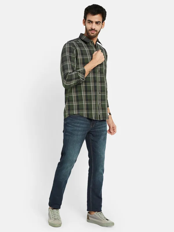 Mettle Men Olive Green Tartan Checks Opaque Checked Casual Shirt