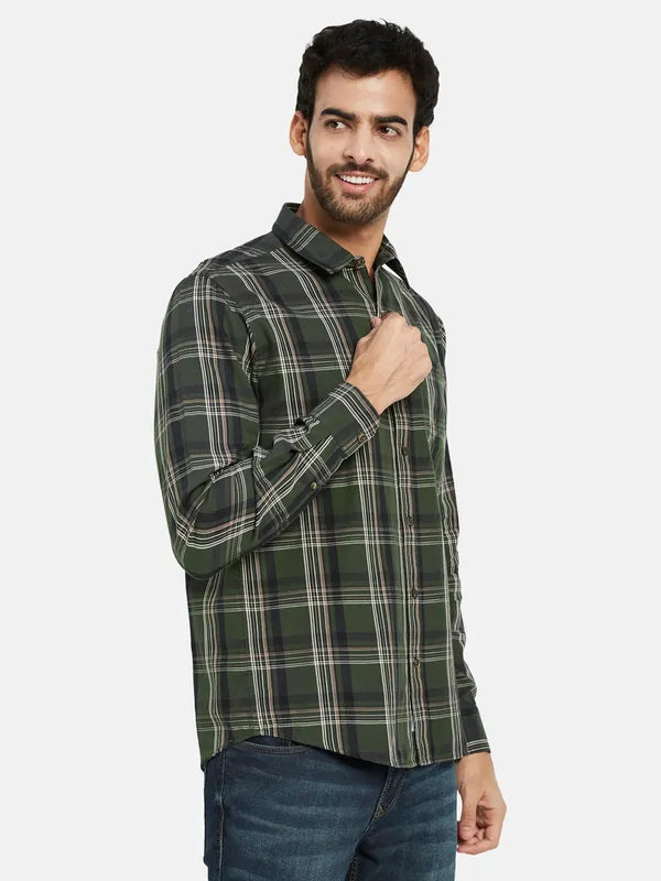 Mettle Men Olive Green Tartan Checks Opaque Checked Casual Shirt