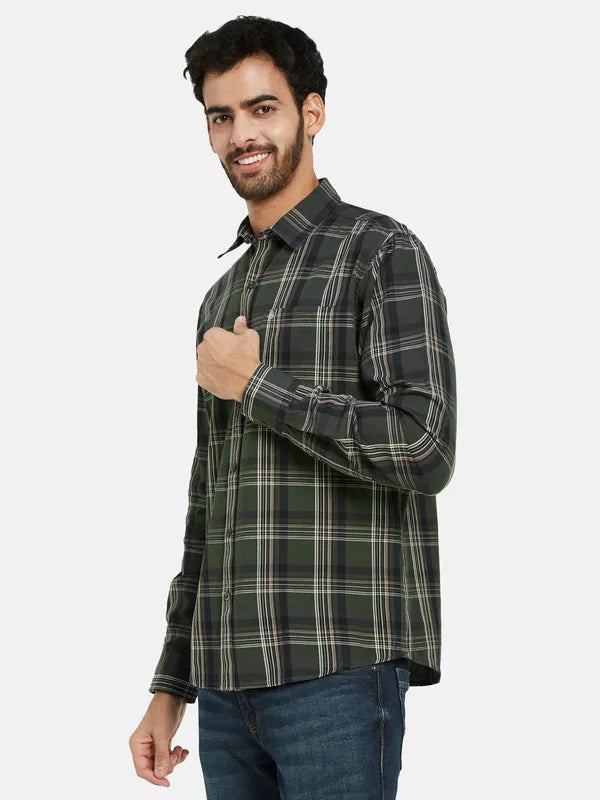 Mettle Men Olive Green Tartan Checks Opaque Checked Casual Shirt