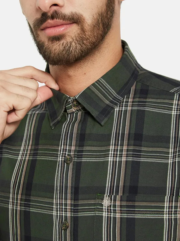 Mettle Men Olive Green Tartan Checks Opaque Checked Casual Shirt