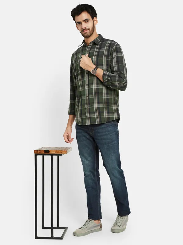 Mettle Men Olive Green Tartan Checks Opaque Checked Casual Shirt