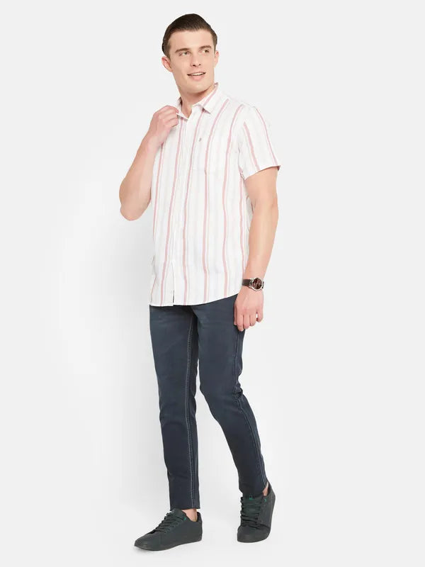 Mettle Vertical Striped Spread Collar Cotton Casual Shirt