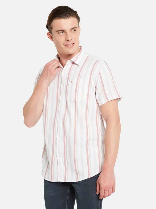 Mettle Vertical Striped Spread Collar Cotton Casual Shirt