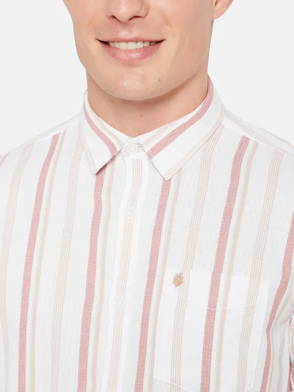 Mettle Vertical Striped Spread Collar Cotton Casual Shirt