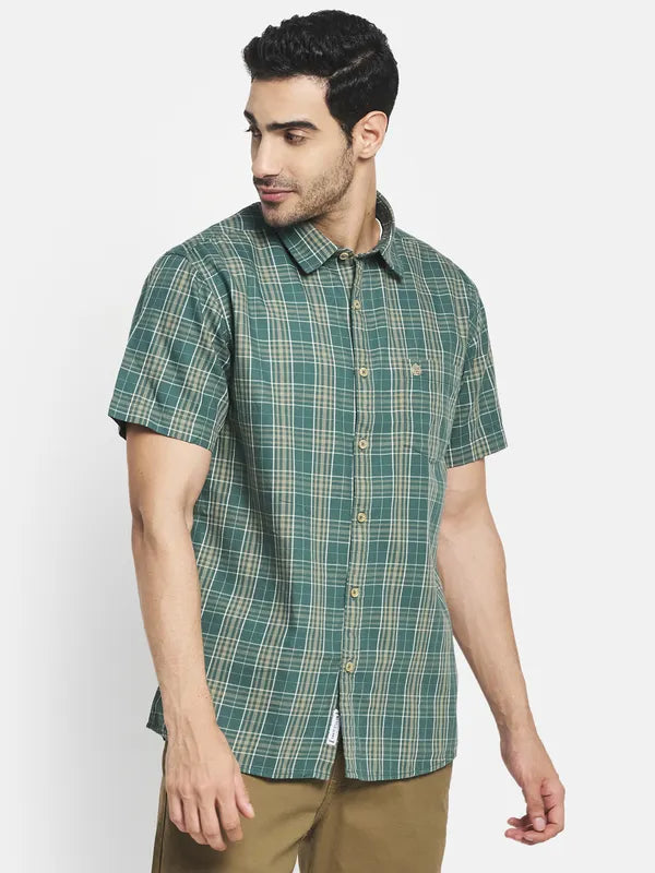 Men Olive Green Tartan Checks Checked Casual Shirt