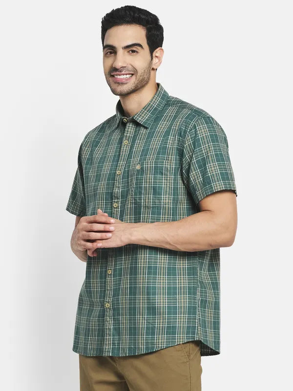 Men Olive Green Tartan Checks Checked Casual Shirt