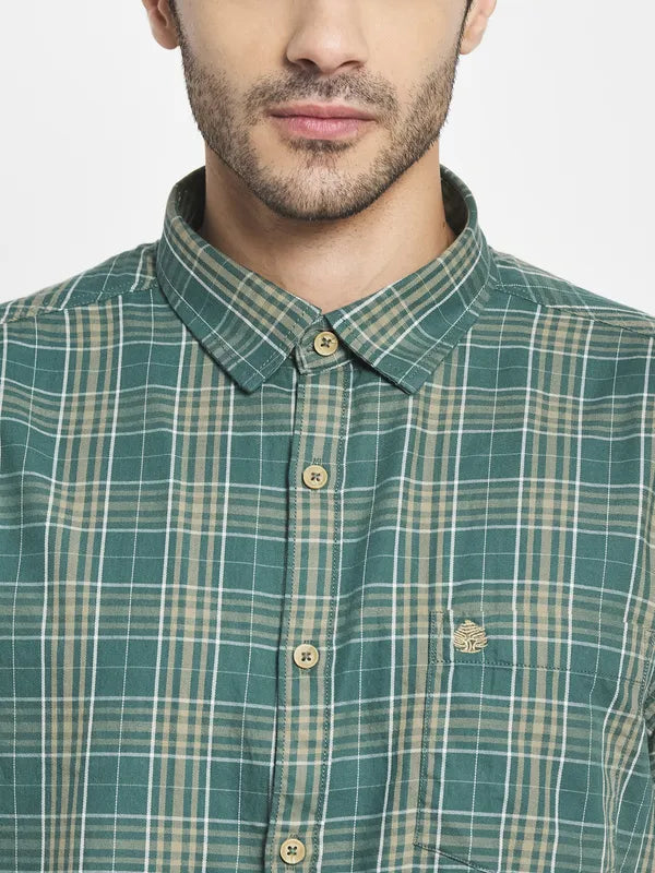 Men Olive Green Tartan Checks Checked Casual Shirt