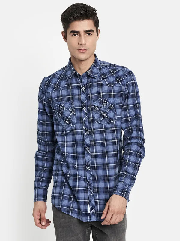 Men Blue Regular Fit Tartan Checks Casual Shirt