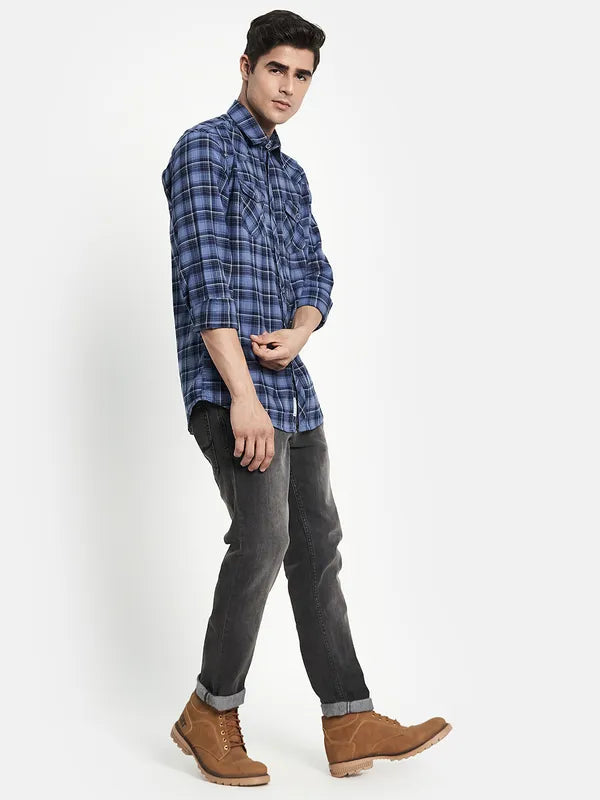 Men Blue Regular Fit Tartan Checks Casual Shirt