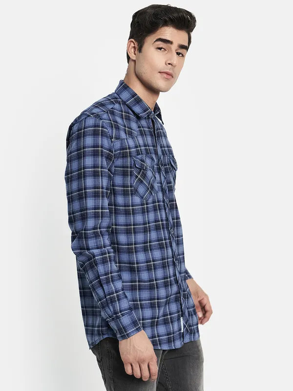 Men Blue Regular Fit Tartan Checks Casual Shirt