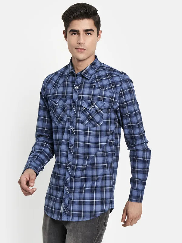 Men Blue Regular Fit Tartan Checks Casual Shirt