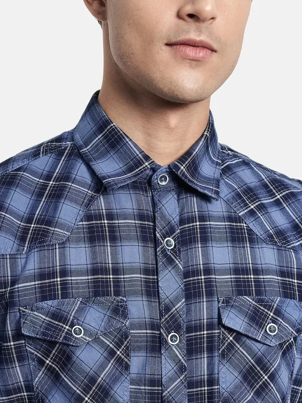 Men Blue Regular Fit Tartan Checks Casual Shirt