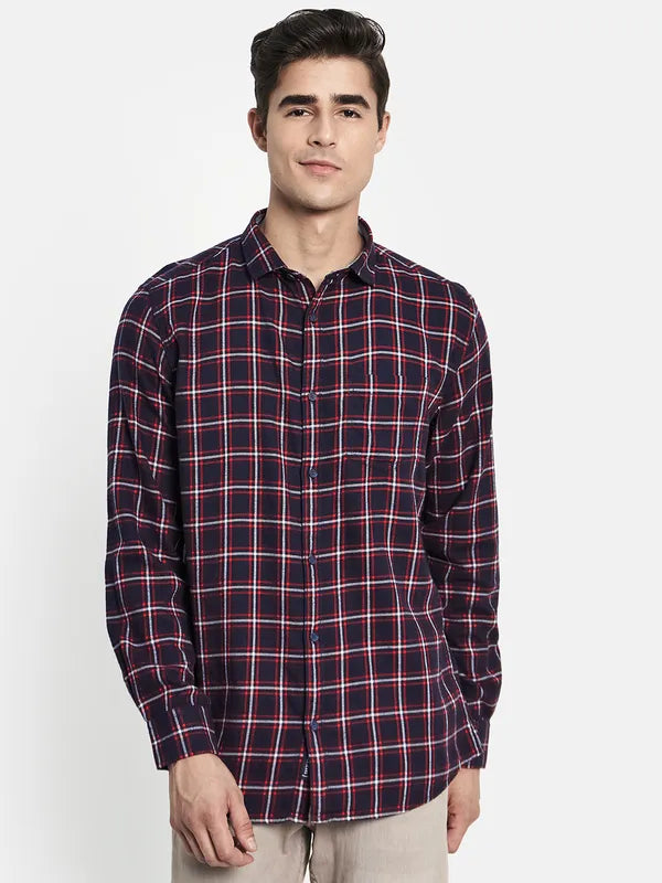 Men Navy Blue Checked Casual Shirt