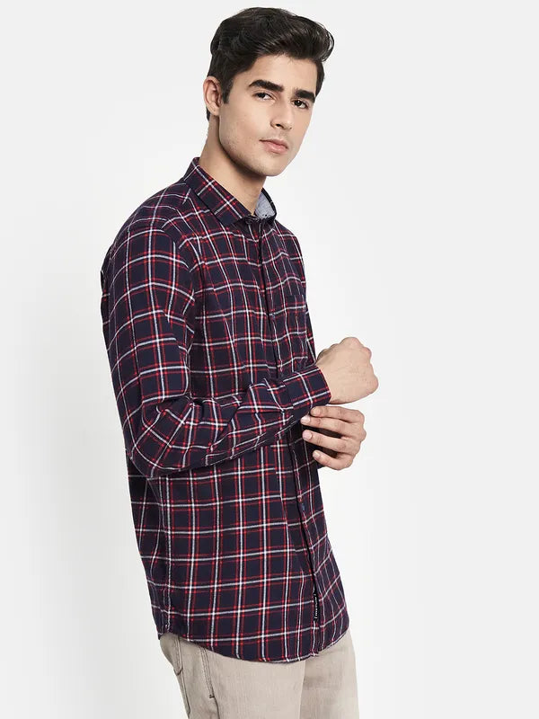 Men Navy Blue Checked Casual Shirt