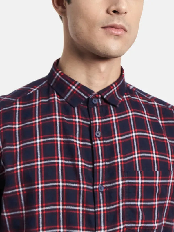 Men Navy Blue Checked Casual Shirt