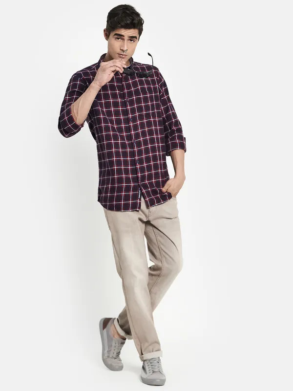 Men Navy Blue Checked Casual Shirt