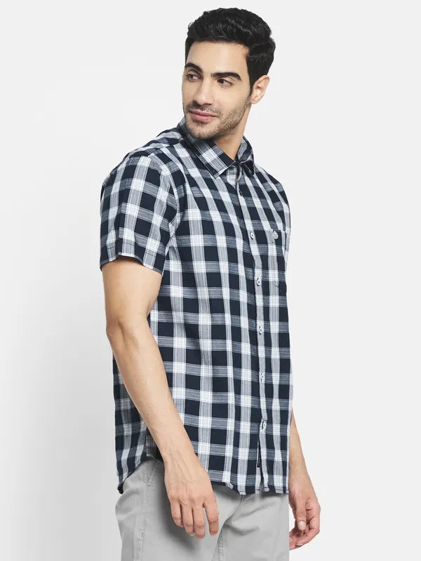 Men Navy Blue Buffalo Checks Checked Casual Shirt