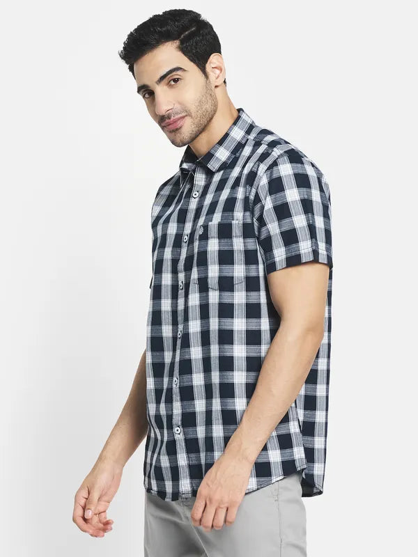 Men Navy Blue Buffalo Checks Checked Casual Shirt