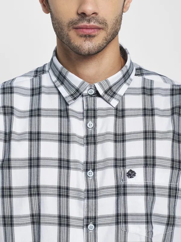 Men White Tartan Checks Checked Casual Shirt