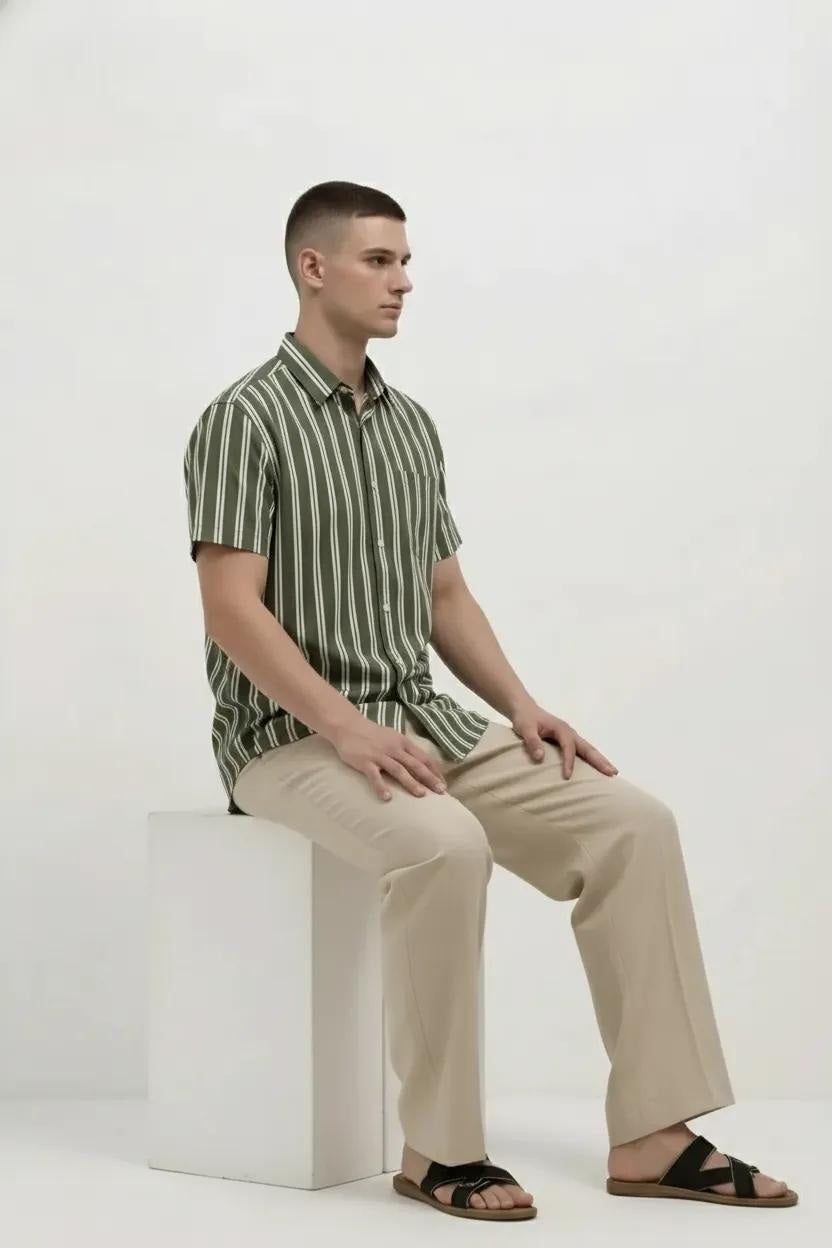 Men Light Olive Striped Casual Shirt