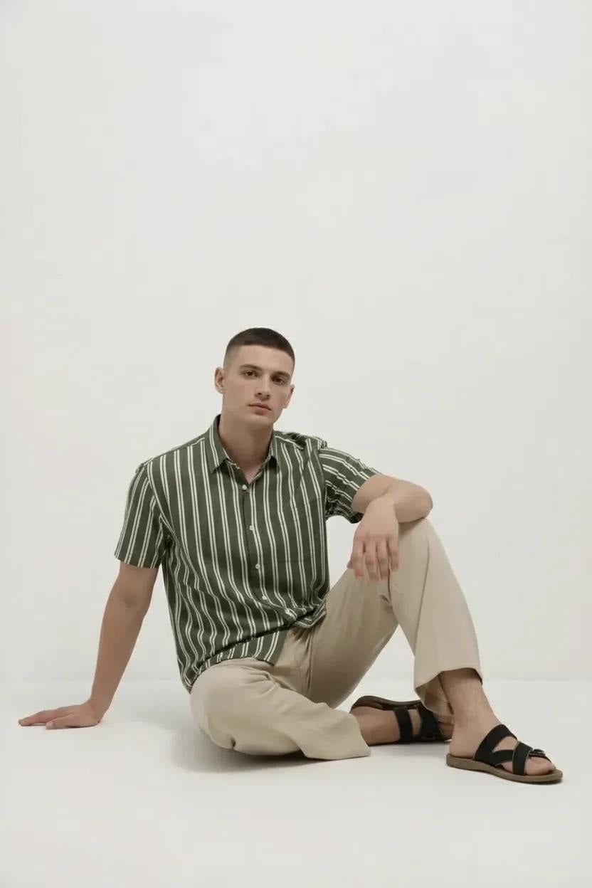 Men Light Olive Striped Casual Shirt