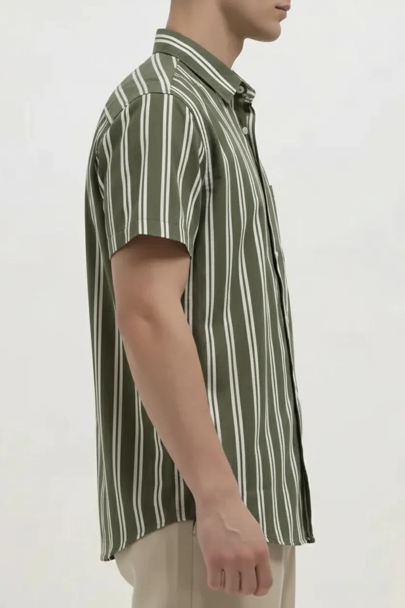 Men Light Olive Striped Casual Shirt
