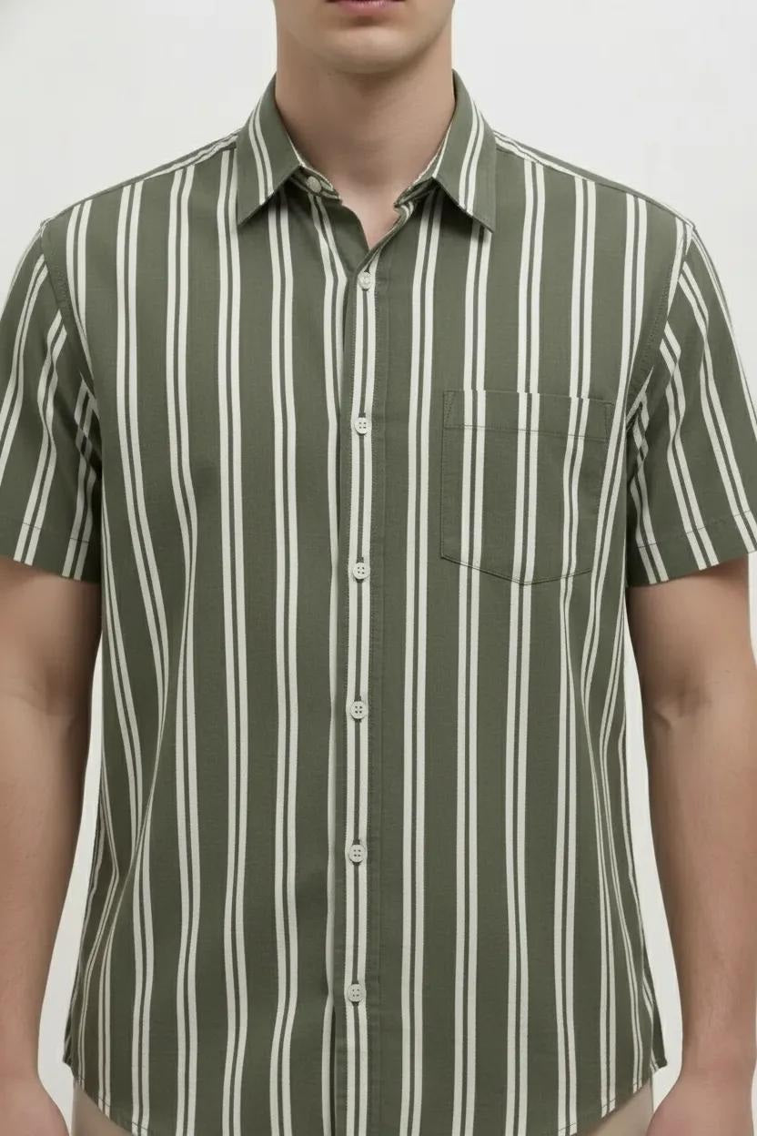 Men Light Olive Striped Casual Shirt