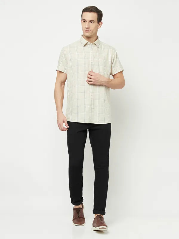 Mettle Men Cream-Coloured Checked Casual Shirt