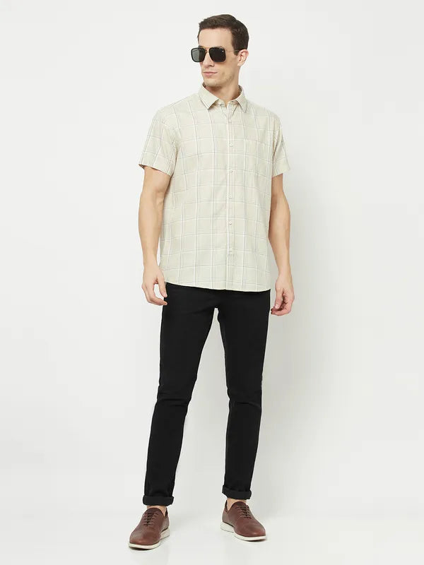 Mettle Men Cream-Coloured Checked Casual Shirt