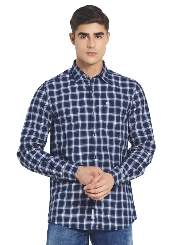 Mettle Men Navy Blue Tartan Checks Checked Casual Cotton Shirt