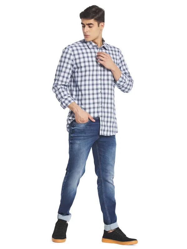 Mettle Men White Gingham Checks Cotton Casual Shirt