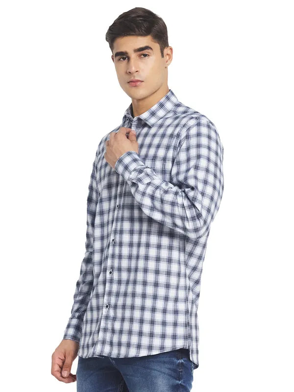 Mettle Men White Gingham Checks Cotton Casual Shirt