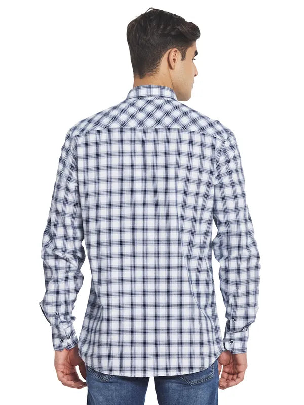 Mettle Men White Gingham Checks Cotton Casual Shirt