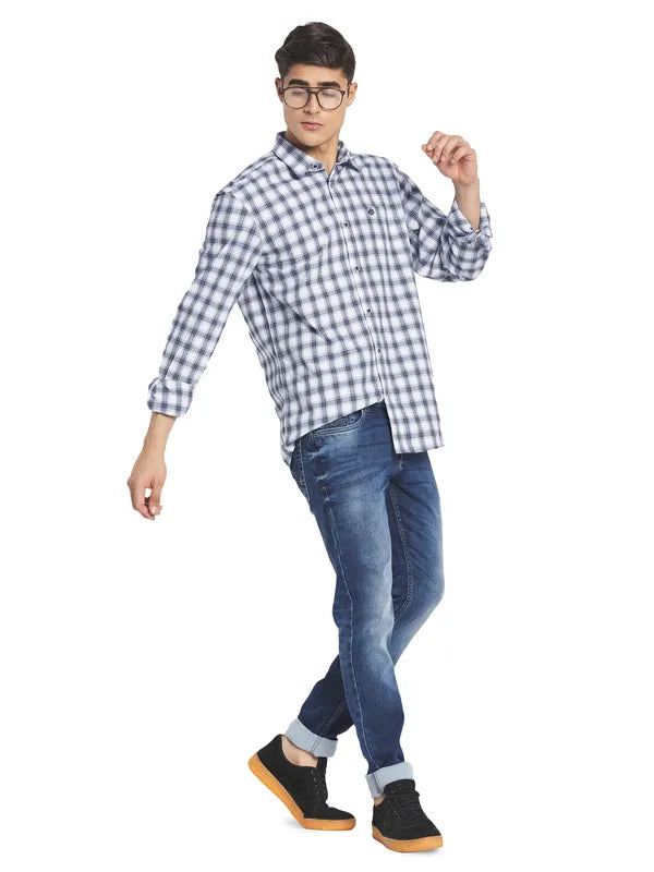 Mettle Men White Gingham Checks Cotton Casual Shirt