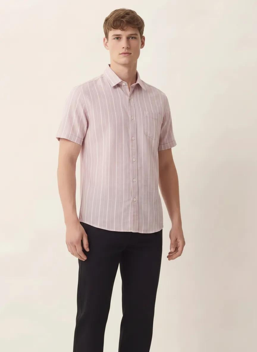 Men Light Pink Striped Casual Shirt